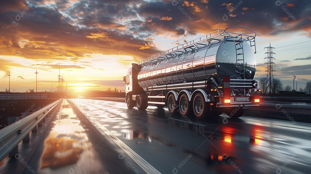 Vista traseira de um grande caminhão-tanque de combustível metálico em movimento, transportando combustível para refinaria de petróleo