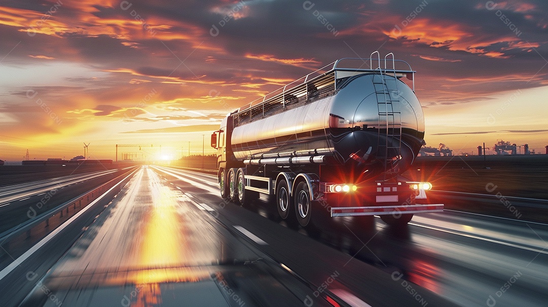 Vista traseira de um grande caminhão-tanque de combustível metálico em movimento, transportando combustível para refinaria de petróleo