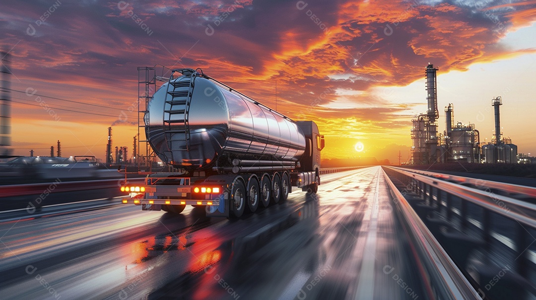 Vista traseira de um grande caminhão-tanque de combustível metálico em movimento, transportando combustível para refinaria de petróleo