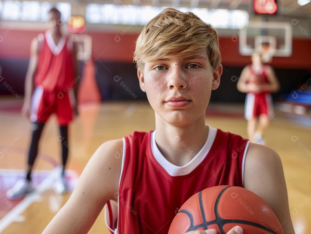 Jogador adolescente segurando uma bola de basquete