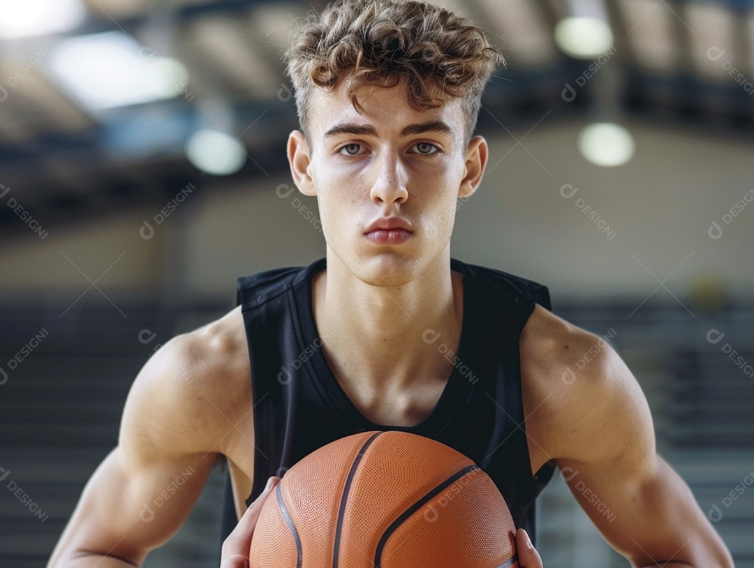 Jogador adolescente segurando uma bola de basquete