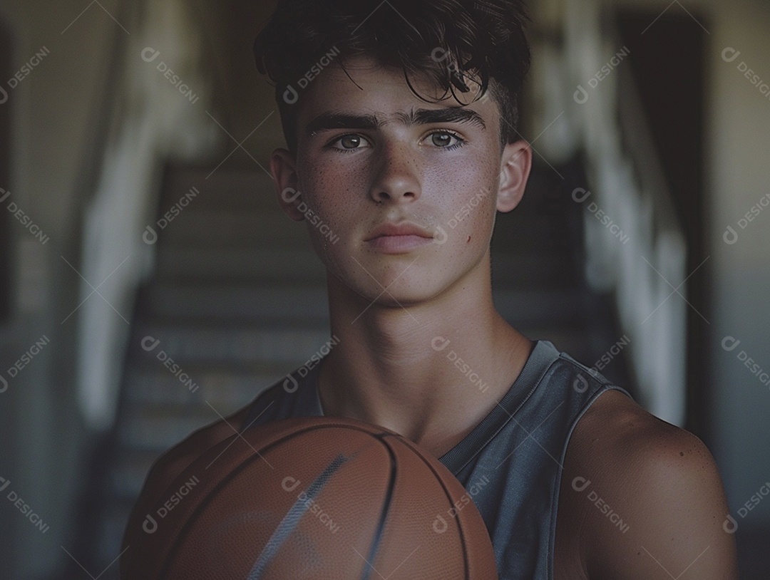 Jogador adolescente segurando uma bola de basquete