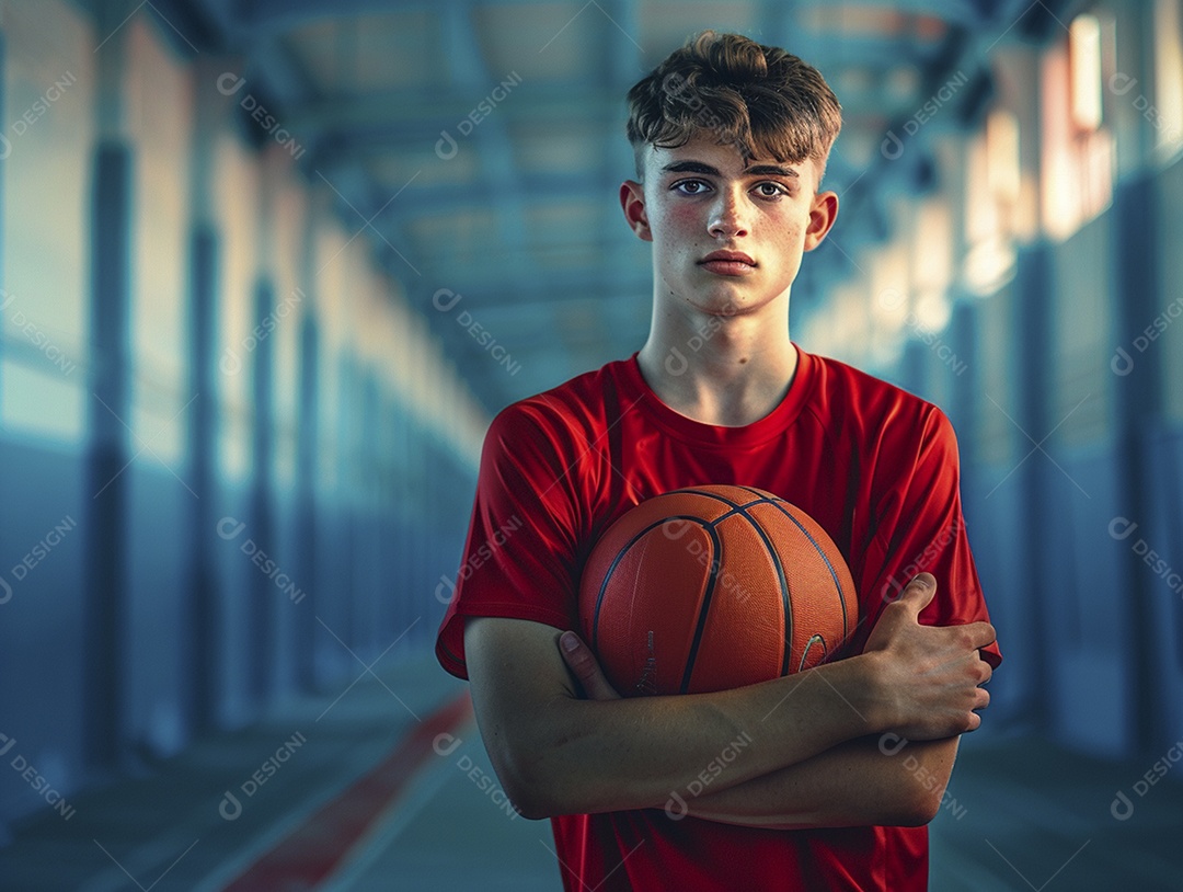 Jogador adolescente segurando uma bola de basquete