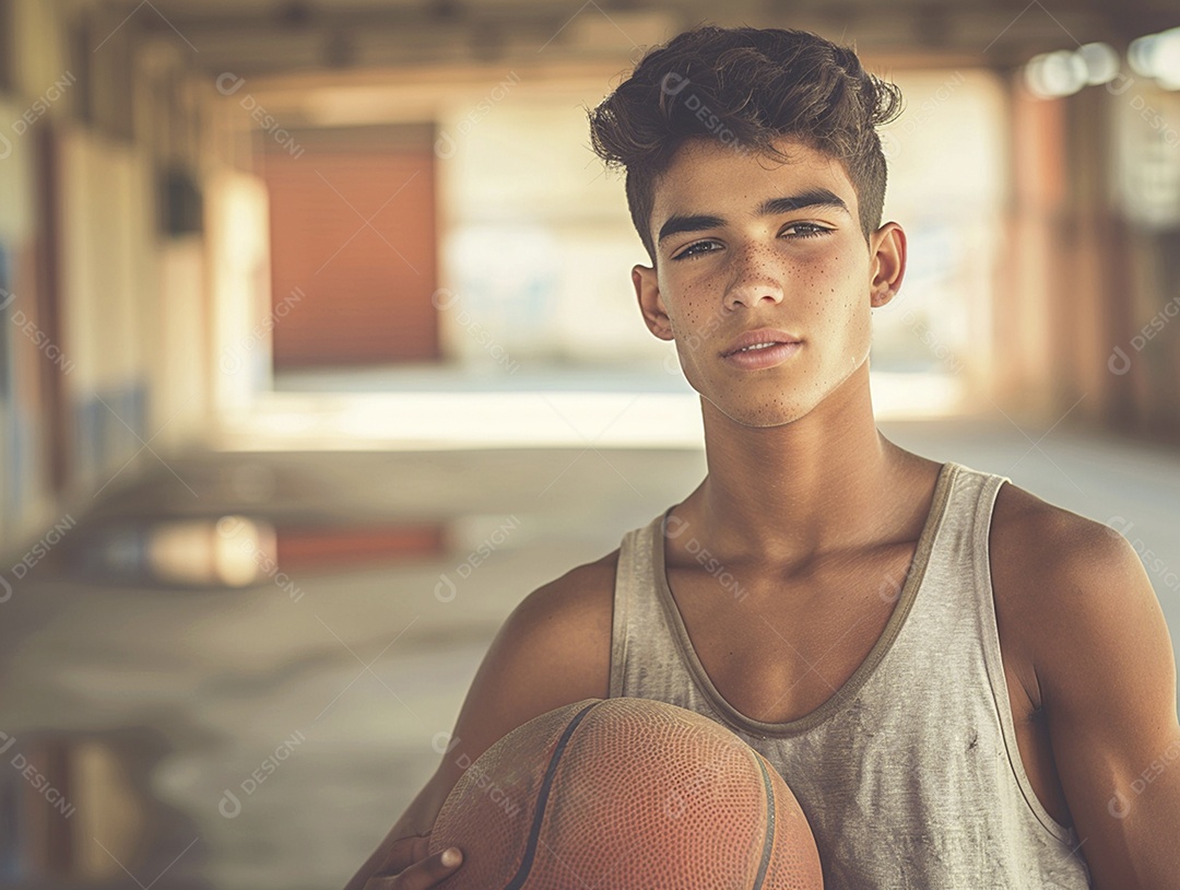 Jogador adolescente segurando uma bola de basquete