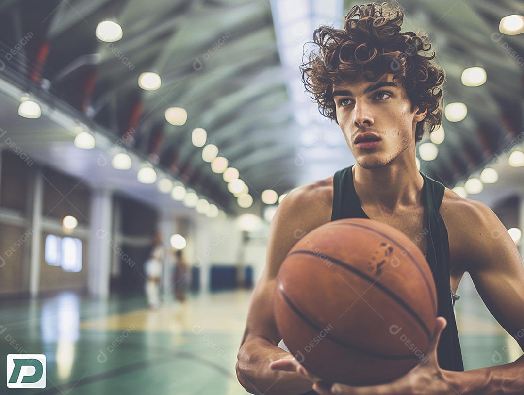 Jogador adolescente segurando uma bola de basquete