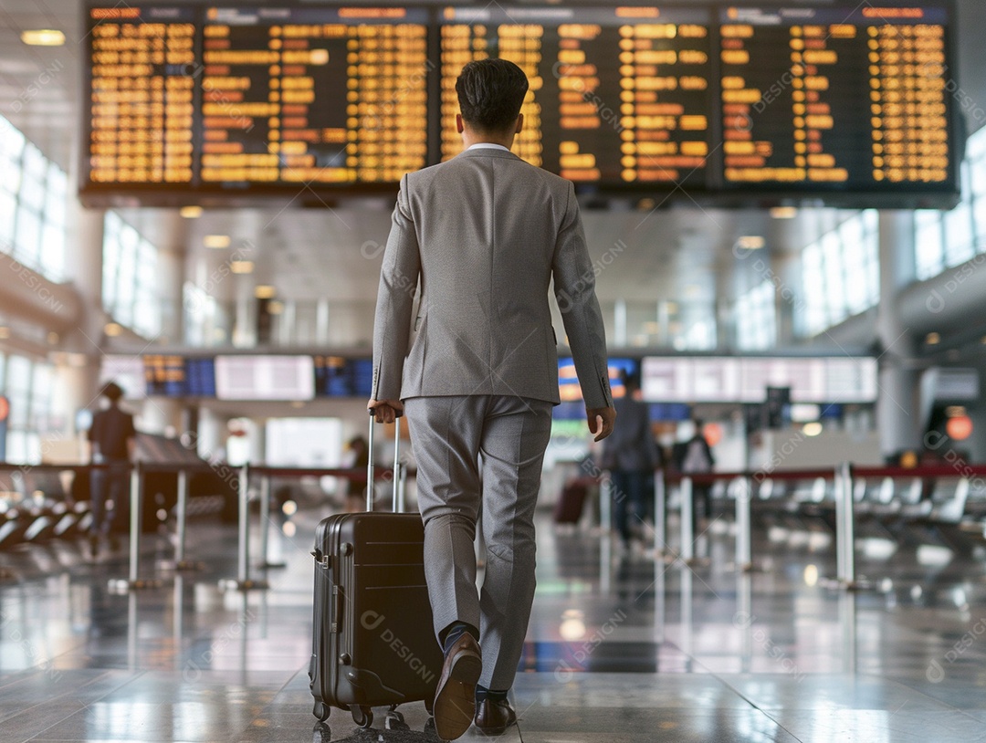 Jovem empresário com bagagem no moderno terminal do aeroporto