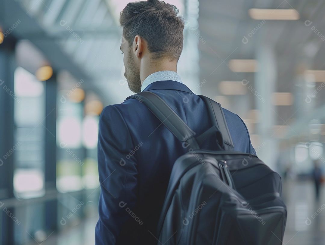 Jovem empresário com bagagem no moderno terminal do aeroporto