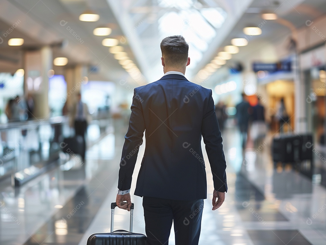 Jovem empresário com bagagem no moderno terminal do aeroporto
