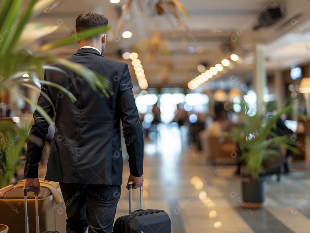 Jovem empresário com bagagem no moderno terminal do aeroporto