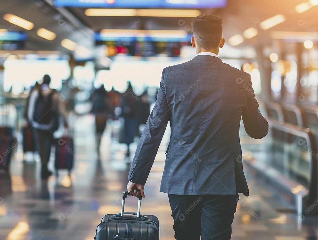 Jovem empresário com bagagem no moderno terminal do aeroporto