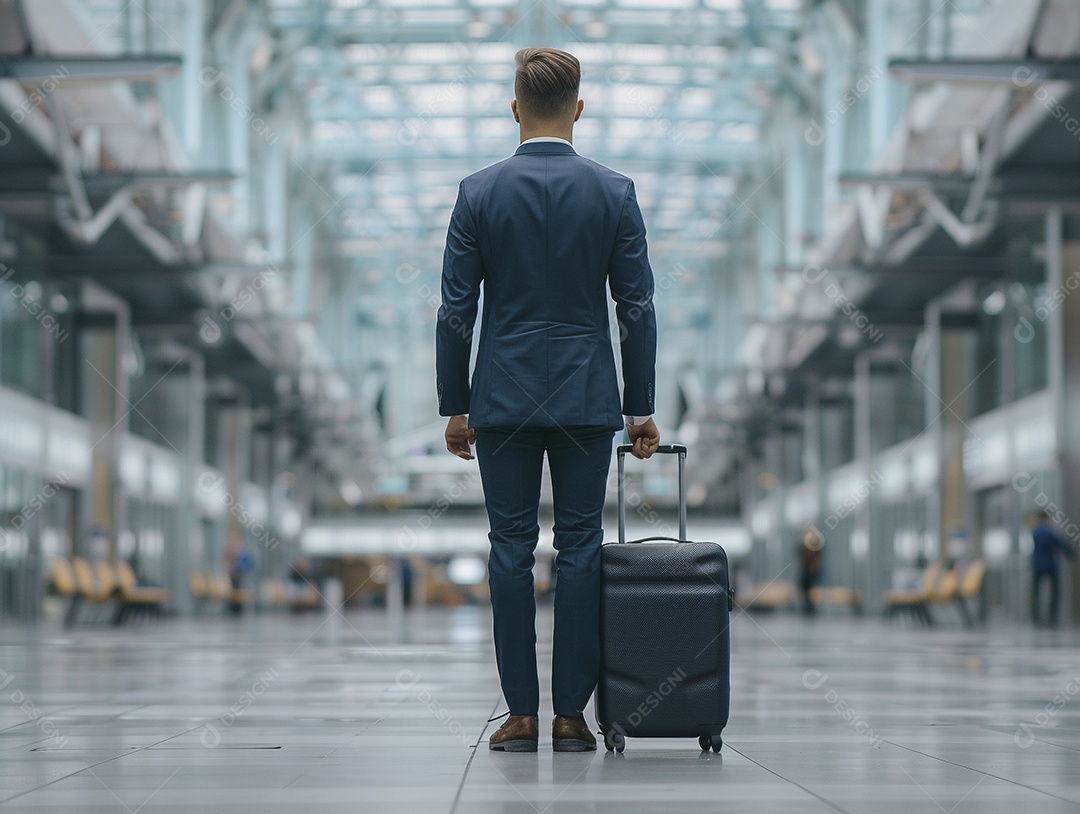 Jovem empresário com bagagem no moderno terminal do aeroporto