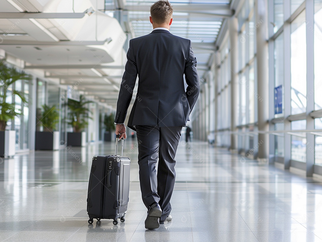 Jovem empresário com bagagem no moderno terminal do aeroporto