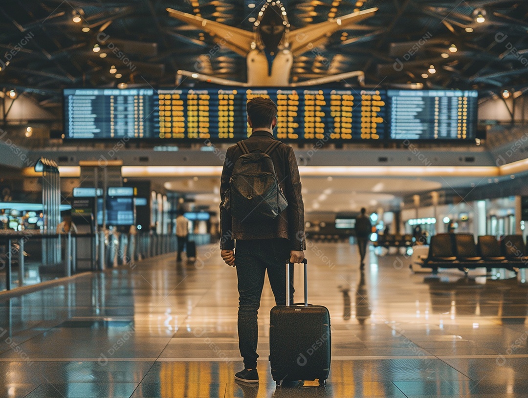 Jovem empresário com bagagem no moderno terminal do aeroporto