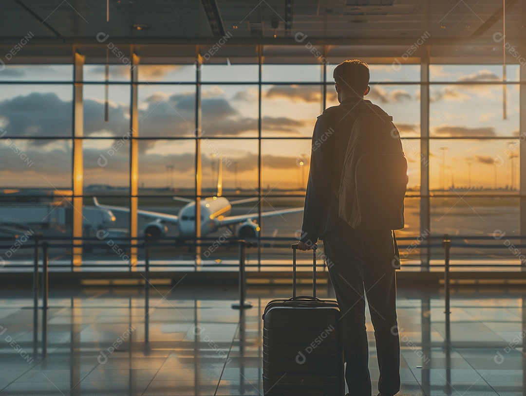 Jovem empresário com bagagem no moderno terminal do aeroporto