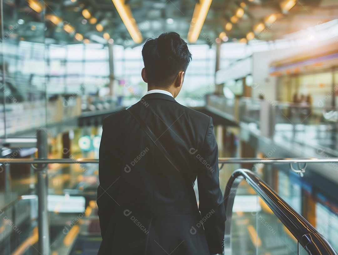 Jovem empresário com bagagem no moderno terminal do aeroporto