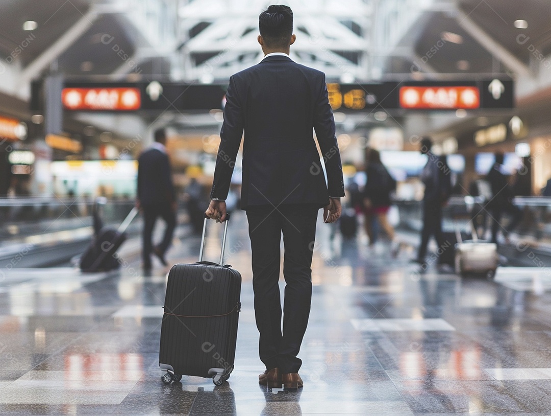 Jovem empresário com bagagem no moderno terminal do aeroporto