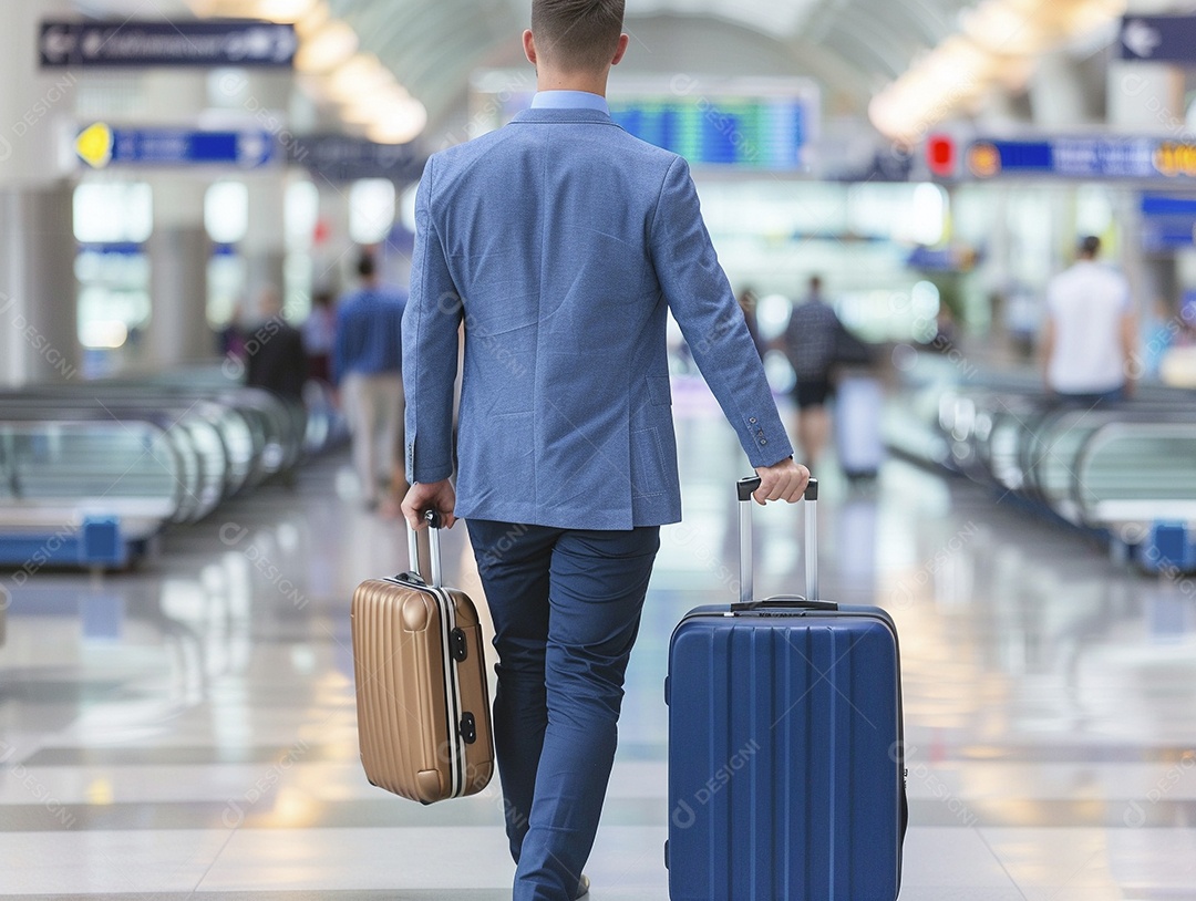 Jovem empresário com bagagem no moderno terminal do aeroporto