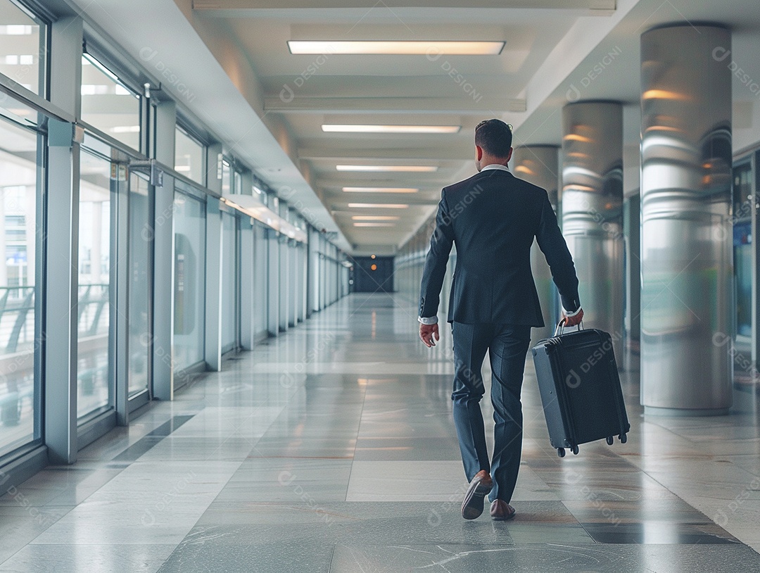 Jovem empresário com bagagem no moderno terminal do aeroporto