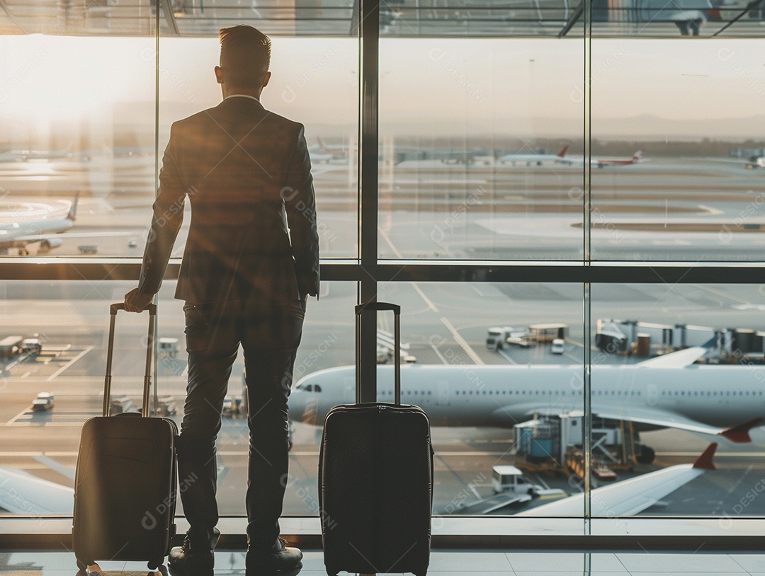 Jovem empresário com bagagem no moderno terminal do aeroporto