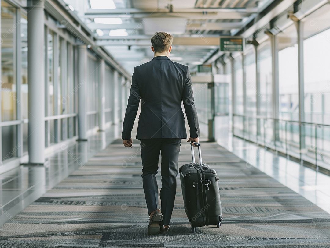 Jovem empresário com bagagem no moderno terminal do aeroporto