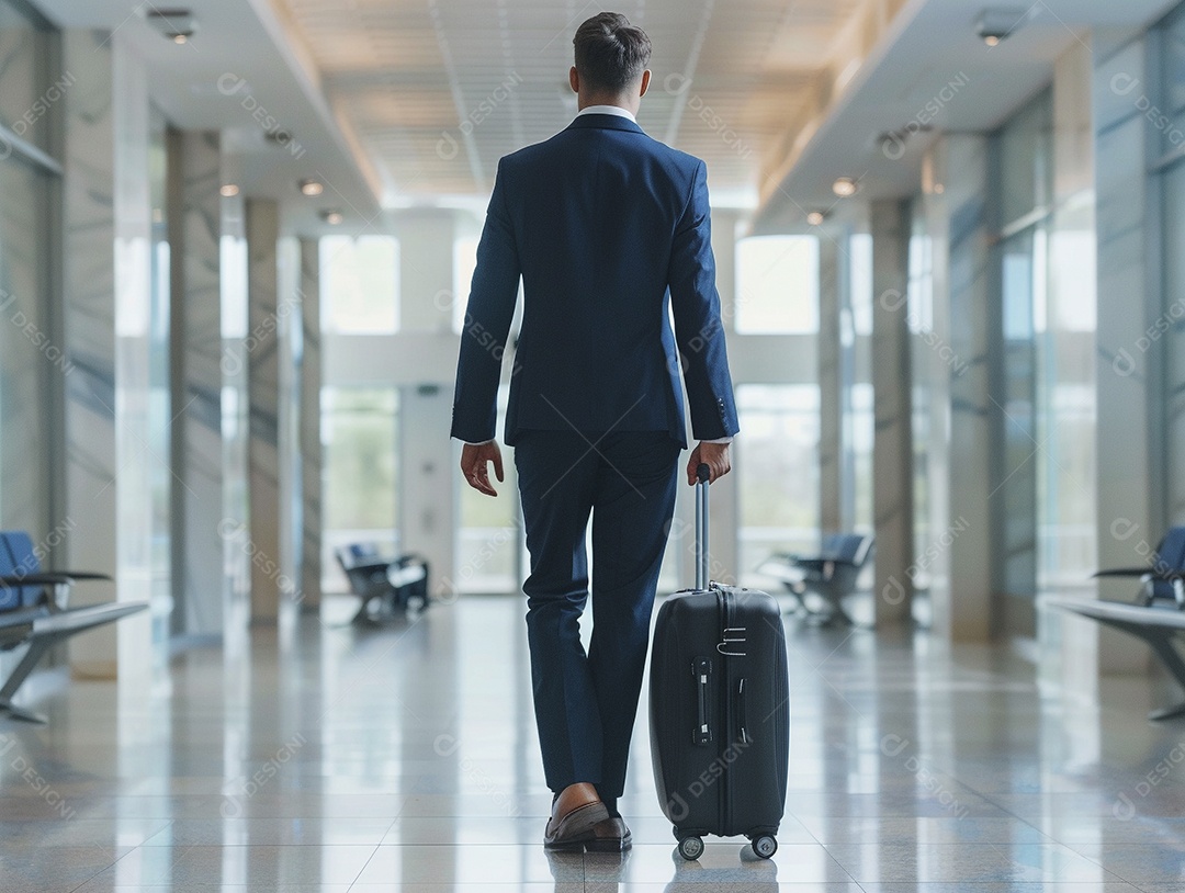 Jovem empresário com bagagem no moderno terminal do aeroporto