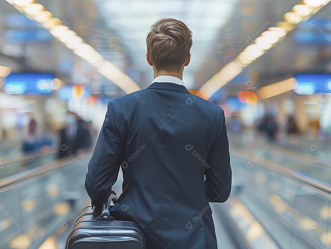 Jovem empresário com bagagem no moderno terminal do aeroporto