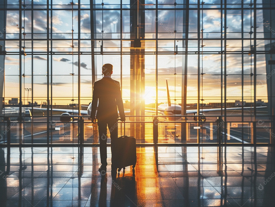 Jovem empresário com bagagem no moderno terminal do aeroporto