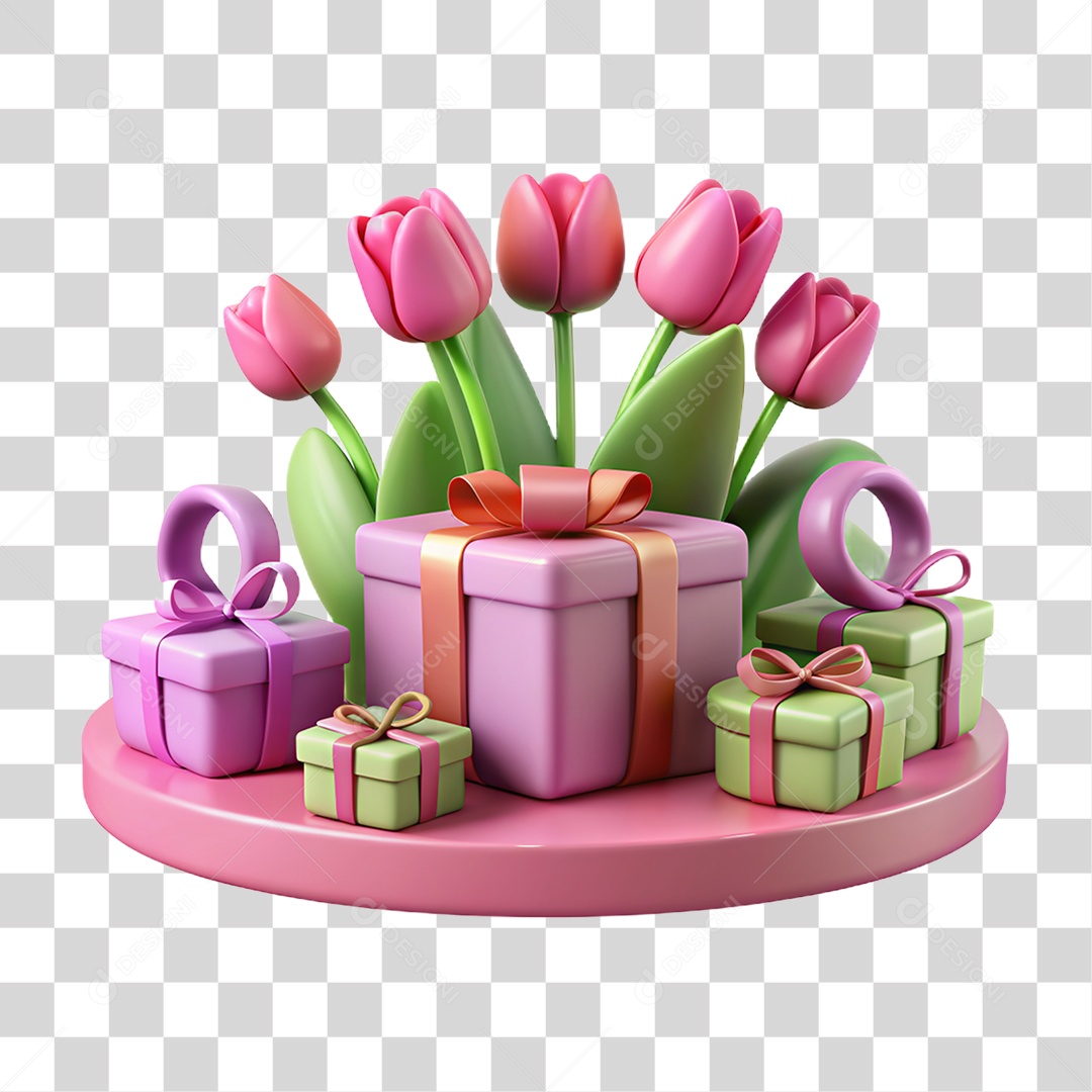Elemento 3D Pódio com Flores e Caixas de Presentes PNG Transparente
