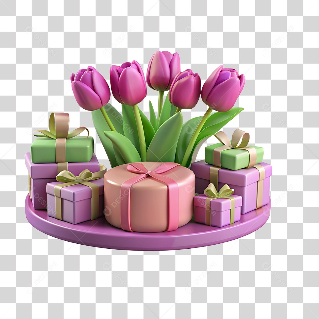Elemento 3D Pódio com Flores e Caixas de Presentes PNG Transparente