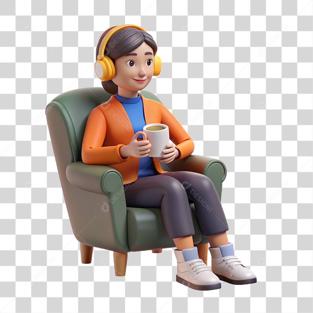 Personagem 3D Mulher Sentada com Fone de Ouvido e Caneca nas Mãos PNG Transparente