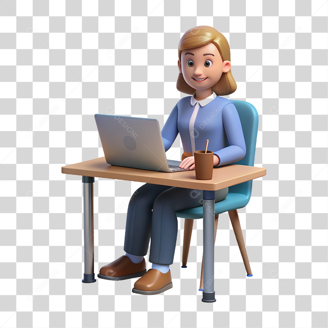 Personagem 3D Mulher Sentada em Cadeira com Notebook na Mesa PNG Transparente