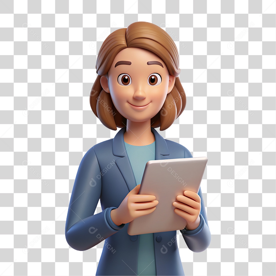 Personagem 3D Mulher com Tablet nas Mãos PNG Transparente