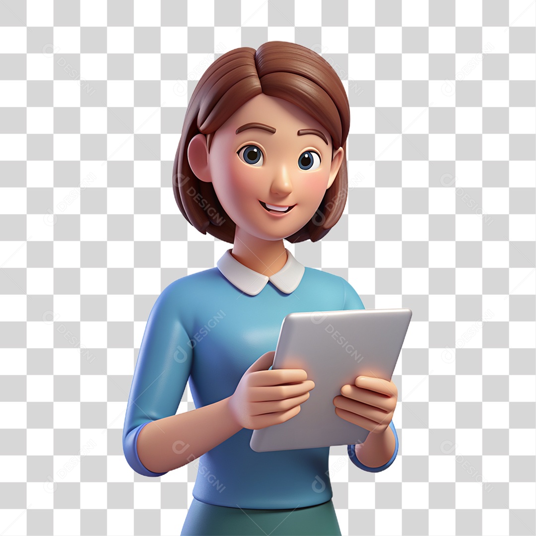 Personagem 3D Mulher com Tablet nas Mãos PNG Transparente
