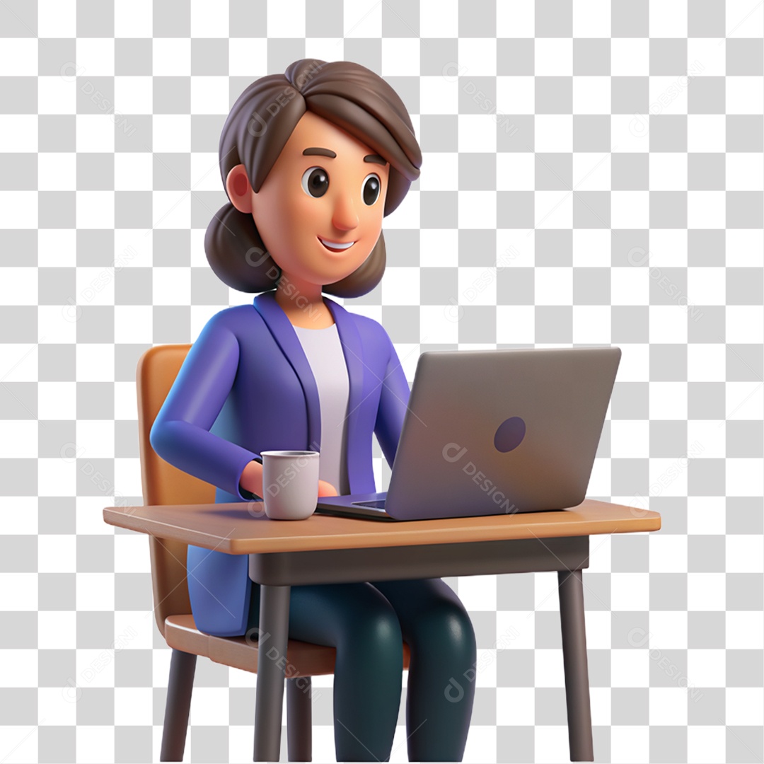 Personagem 3D Mulher Sentada em Cadeira com Notebook na Mesa PNG Transparente