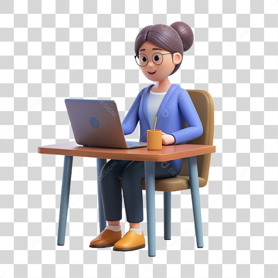 Personagem 3D Mulher Sentada em Cadeira com Notebook na Mesa PNG Transparente