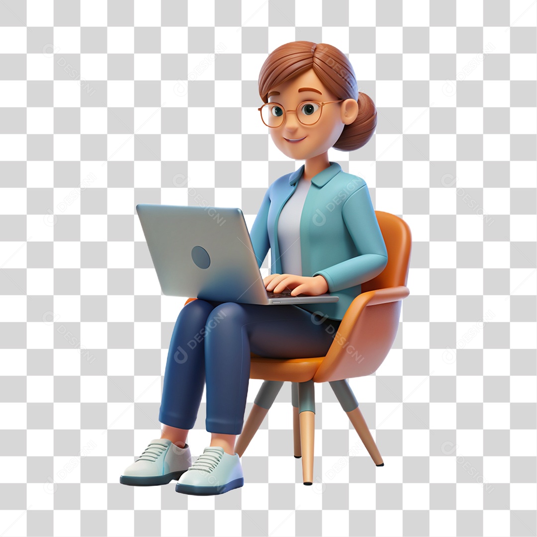 Personagem 3D Mulher Sentada em Cadeira com Notebook PNG Transparente