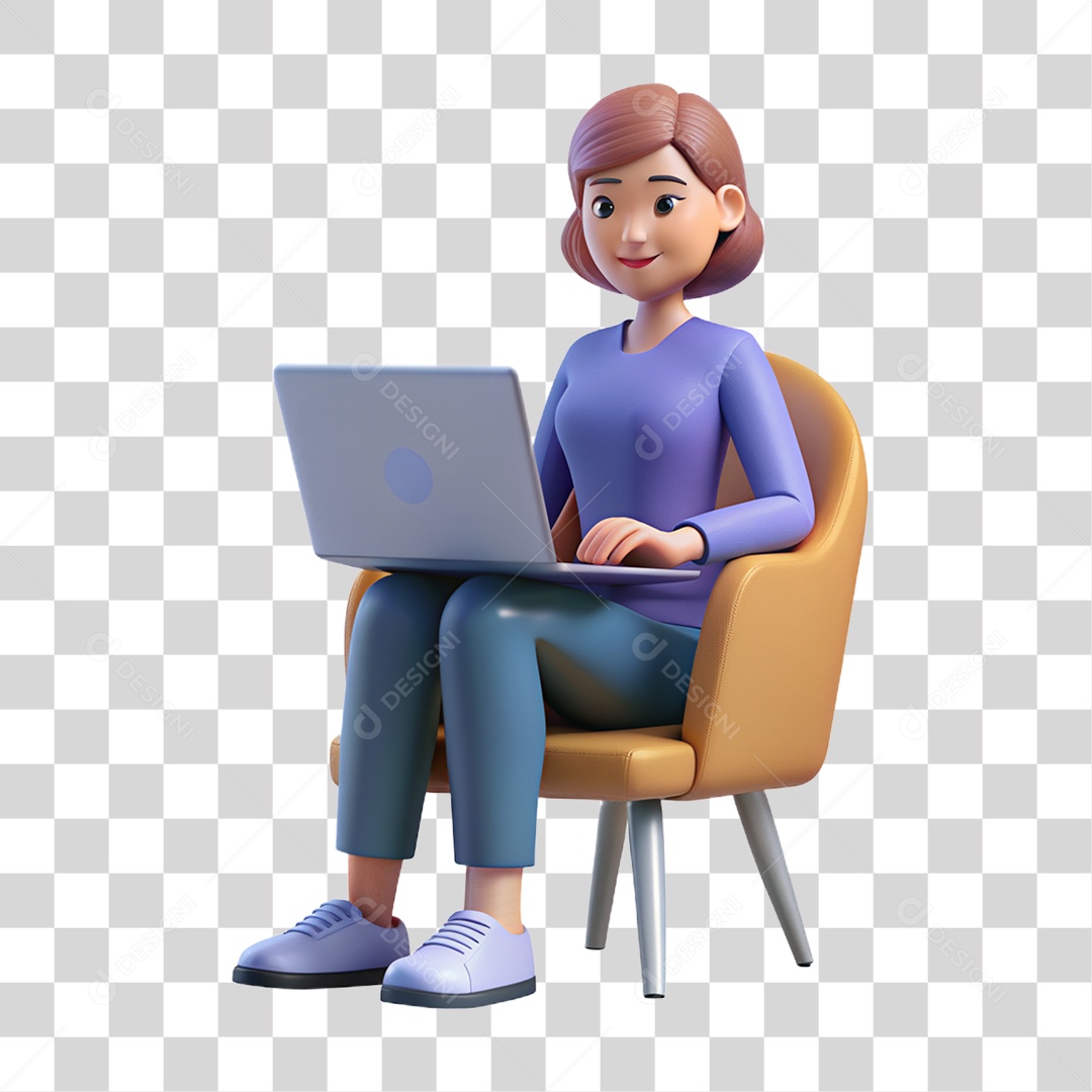 Personagem 3D Mulher Sentada em Poltrona com Notebook PNG Transparente
