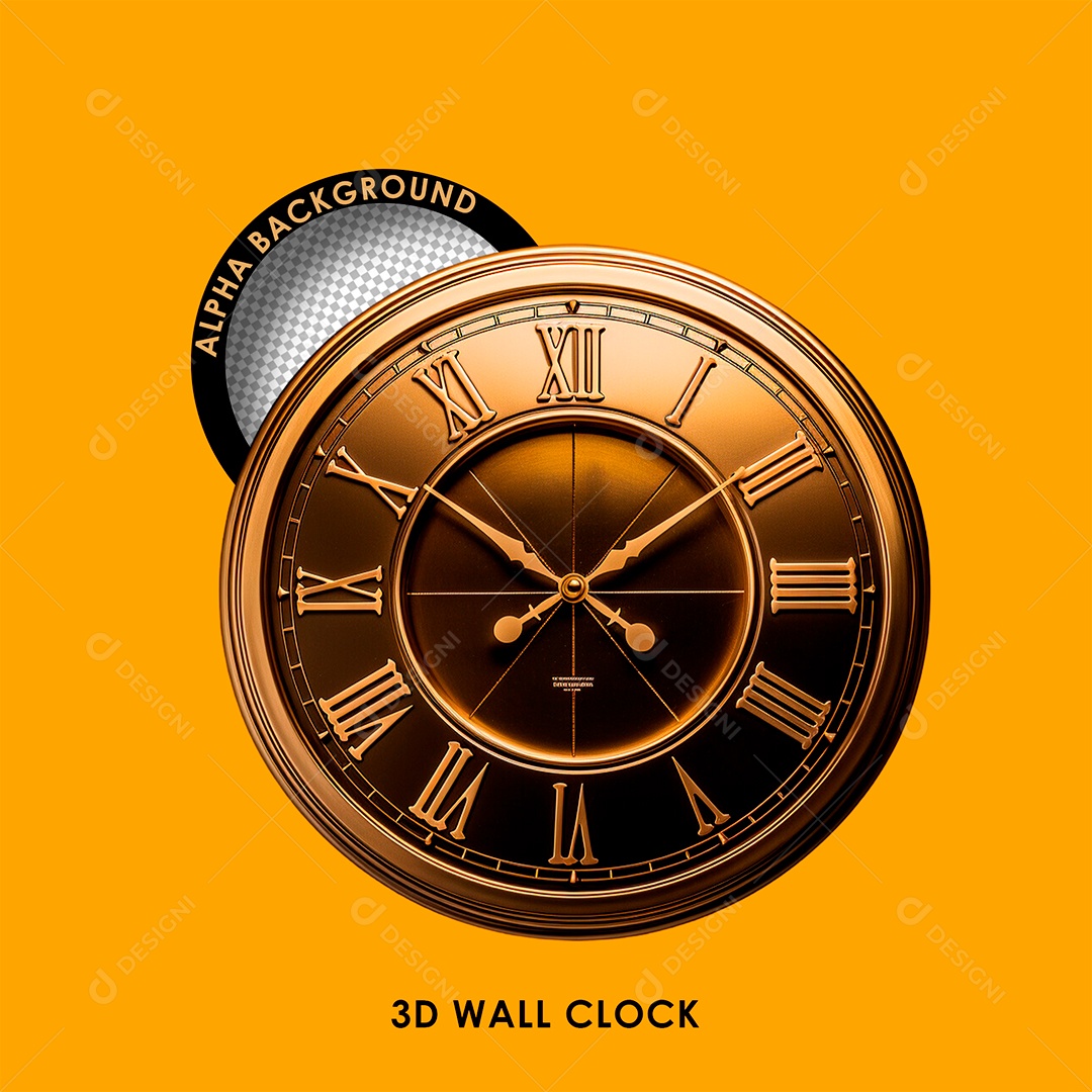 Relógio de Parede Elemento 3D Dourado para Composição PSD