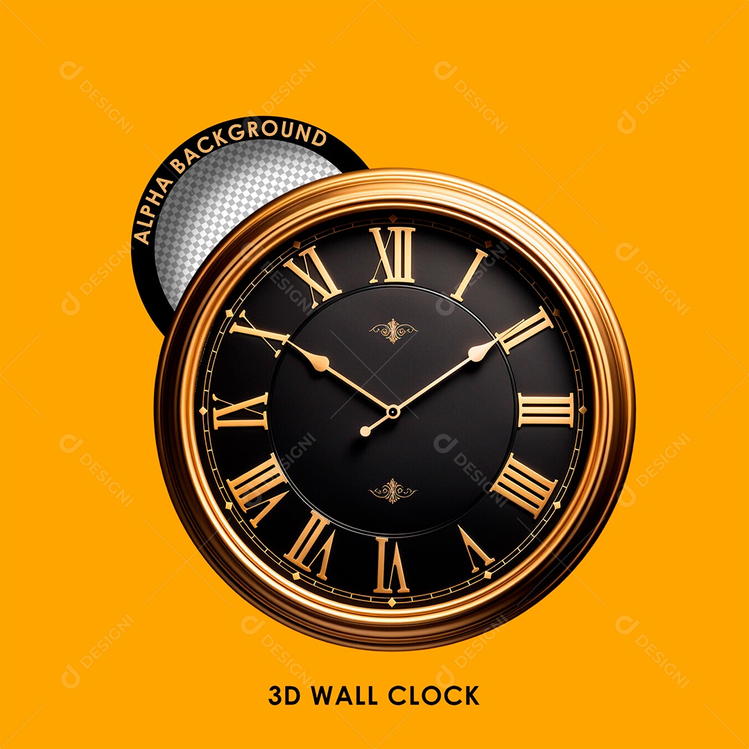 Relógio de Parede Preto Dourado Elemento 3D para Composição PSD