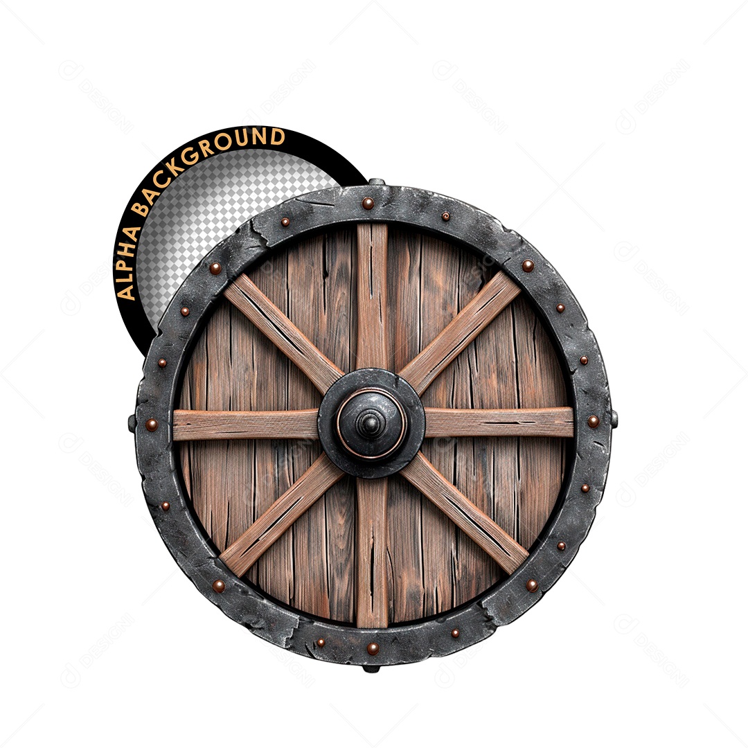 Escudo de Ferro e Madeira Elemento 3D para Composição PSD