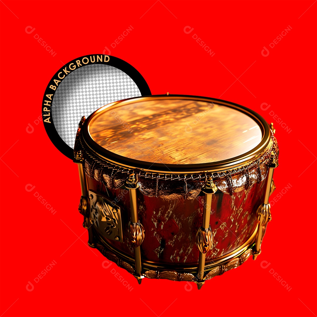 Tambor Musical Elemento 3D Marron Dourado para Composição PSD