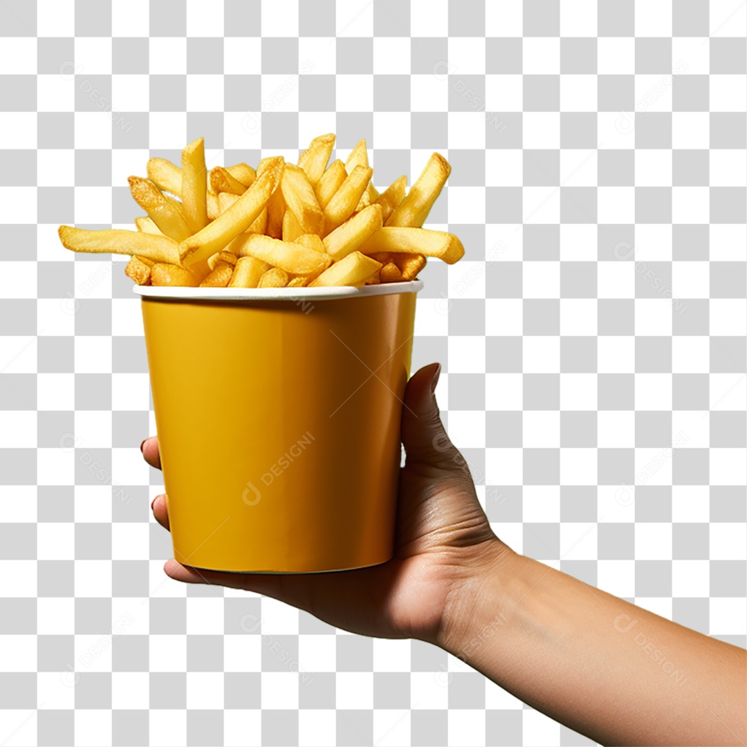 Mão com Porção de Batata Frita PNG Transparente
