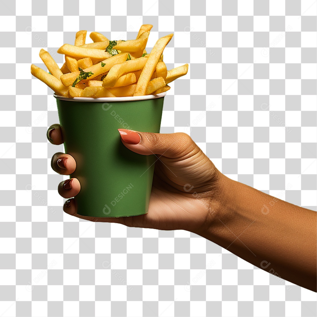 Mão com Porção de Batata Frita PNG Transparente