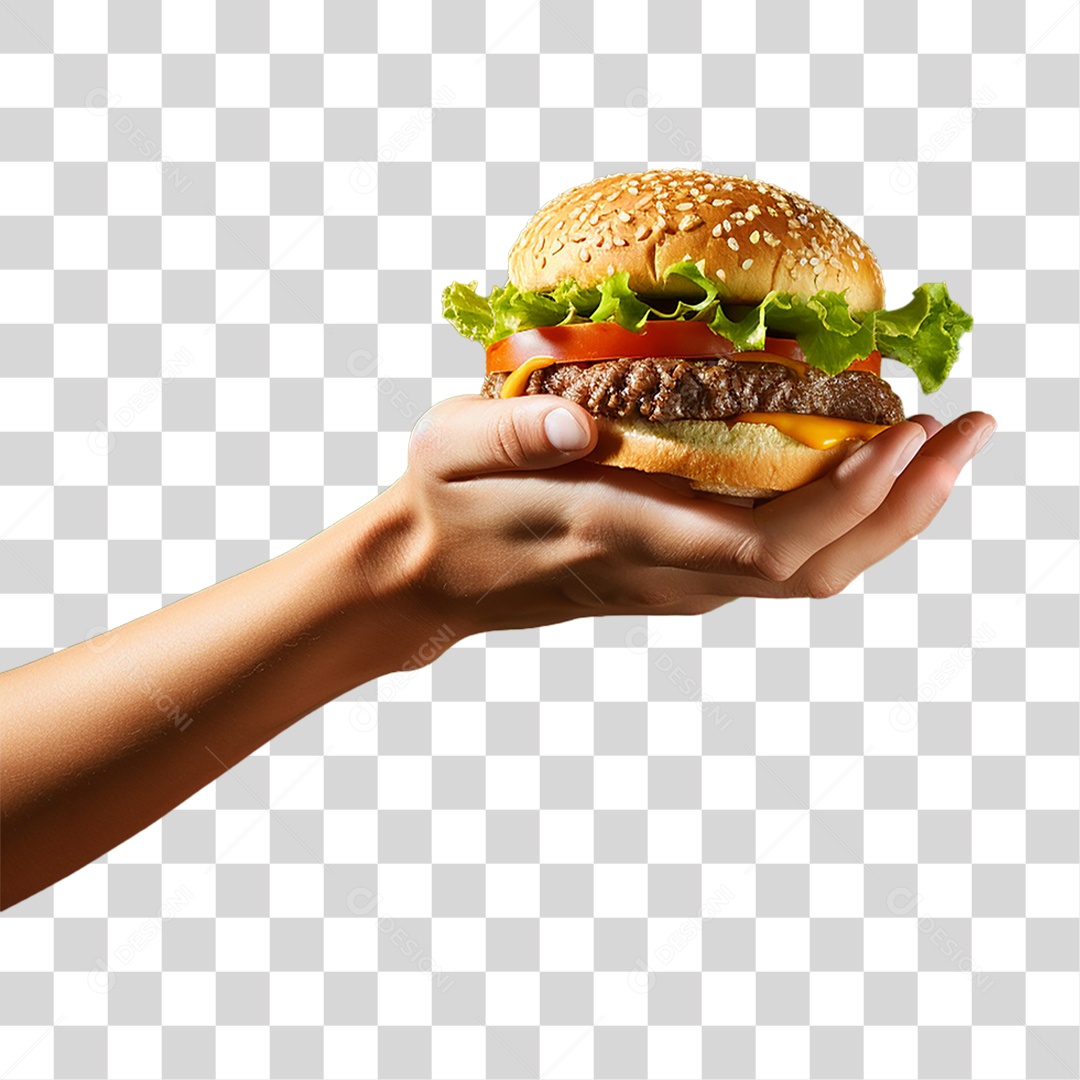 Mão com Hambúrguer Lanches PNG Transparente