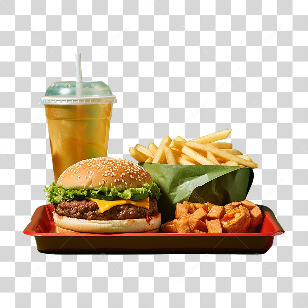 Porção de Lanches com Batata Frita e Refrigerantes PNG Transparente