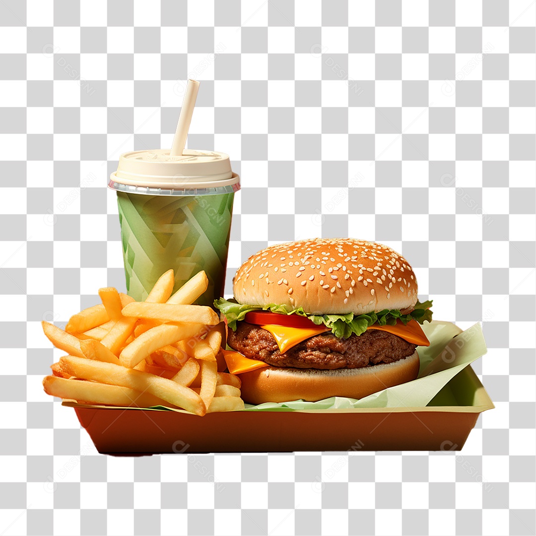 Porção de Lanches com Batata Frita e Refrigerantes PNG Transparente