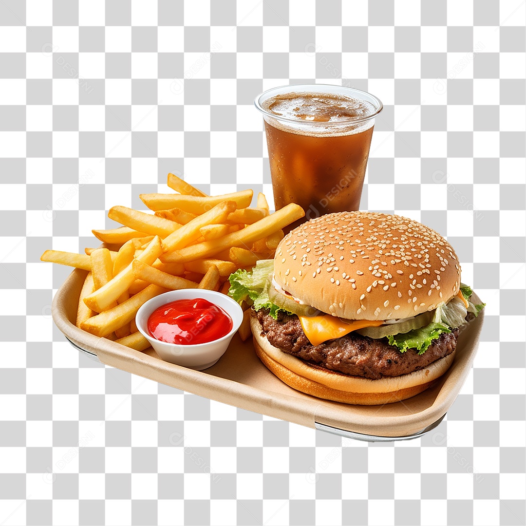 Porção de Lanches com Batata Frita e Refrigerantes PNG Transparente