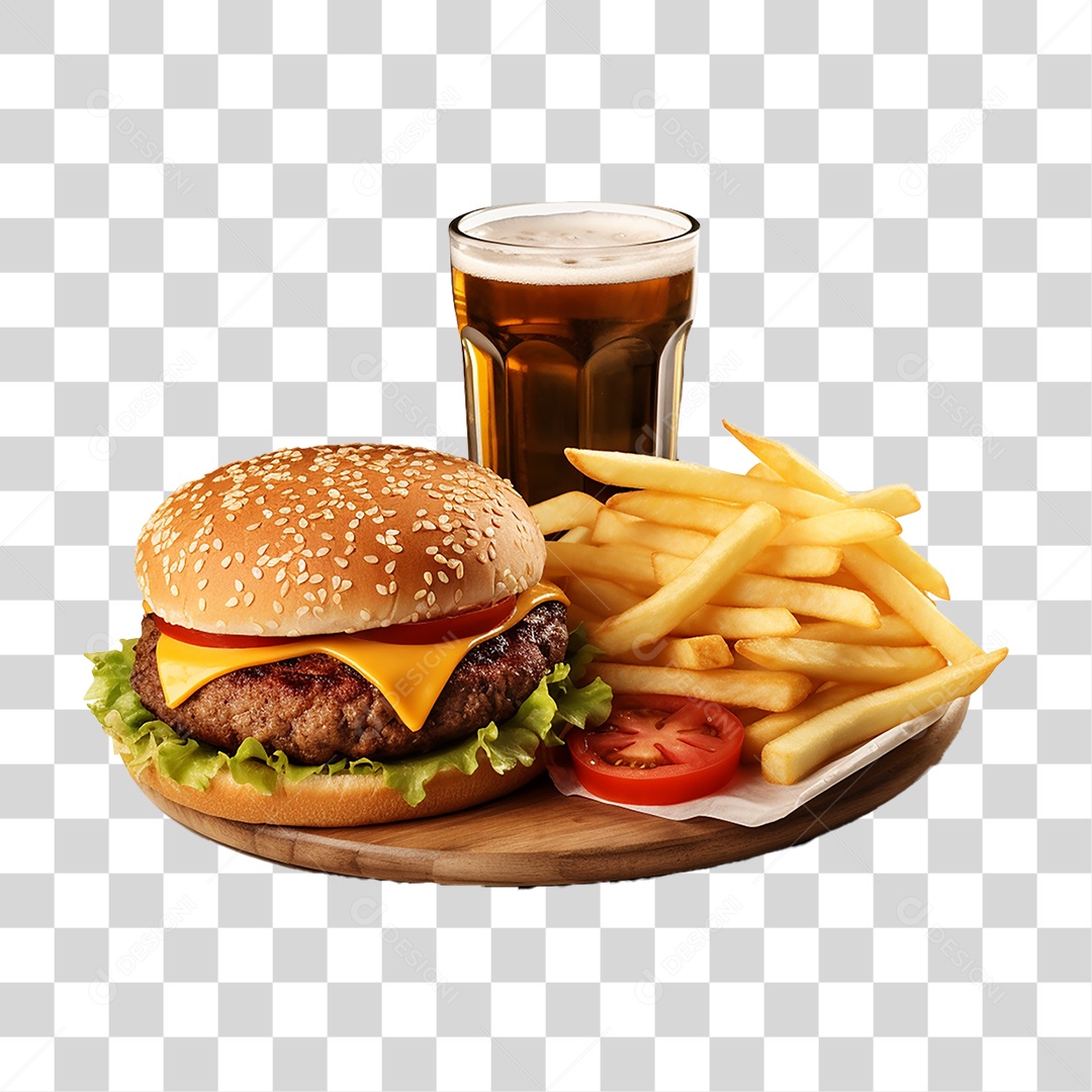 Porção de Lanches com Batata Frita e Refrigerantes PNG Transparente