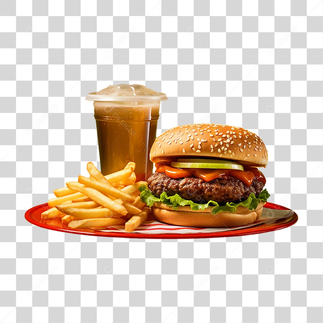 Porção de Lanches com Batata Frita e Refrigerantes PNG Transparente