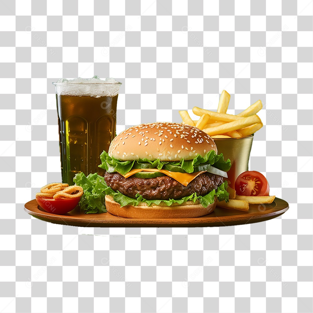 Porção de Lanches com Batata Frita e Refrigerantes PNG Transparente